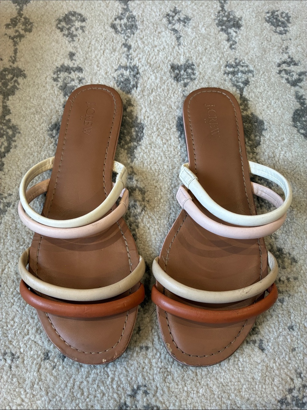 J. Crew Women’s Tan Slide Sandals with Pink and Cream Straps